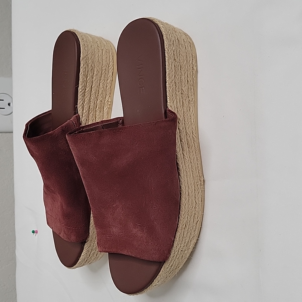 Vince espadrille slide on platform sandals maroon color